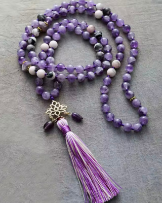 Naszyjnik kamienie naturalne 108 koralików MALA ametyst jaspis BOHO