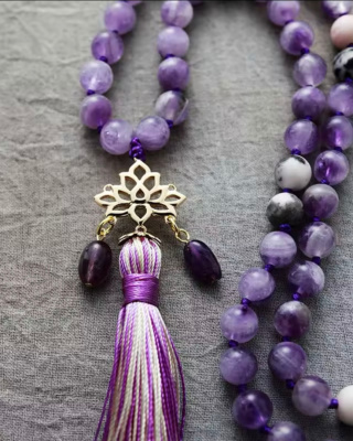 Naszyjnik kamienie naturalne 108 koralików MALA ametyst jaspis BOHO
