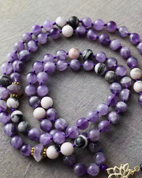 Naszyjnik kamienie naturalne 108 koralików MALA ametyst jaspis BOHO Naszyjnik kamienie naturalne 108 koralików MALA ametyst jaspis BOHO