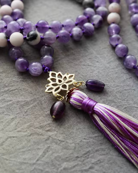 Naszyjnik kamienie naturalne 108 koralików MALA ametyst jaspis BOHO Naszyjnik kamienie naturalne 108 koralików MALA ametyst jaspis BOHO
