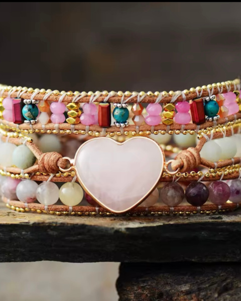 Bransoletka Kwarc Różowy serce kamienie naturalne BOHO Bransoletka Kwarc Różowy serce kamienie naturalne BOHO