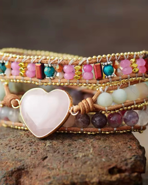 Bransoletka Kwarc Różowy serce kamienie naturalne BOHO Bransoletka Kwarc Różowy serce kamienie naturalne BOHO