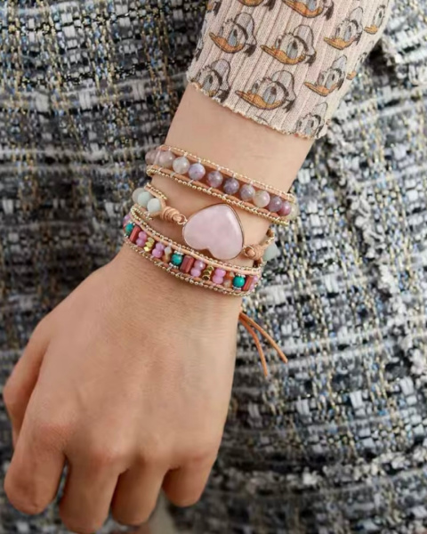 Bransoletka Kwarc Różowy serce kamienie naturalne BOHO Bransoletka Kwarc Różowy serce kamienie naturalne BOHO